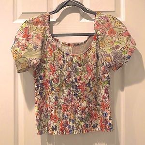 NWT Anthropologie Mesh Floral Smocked Top